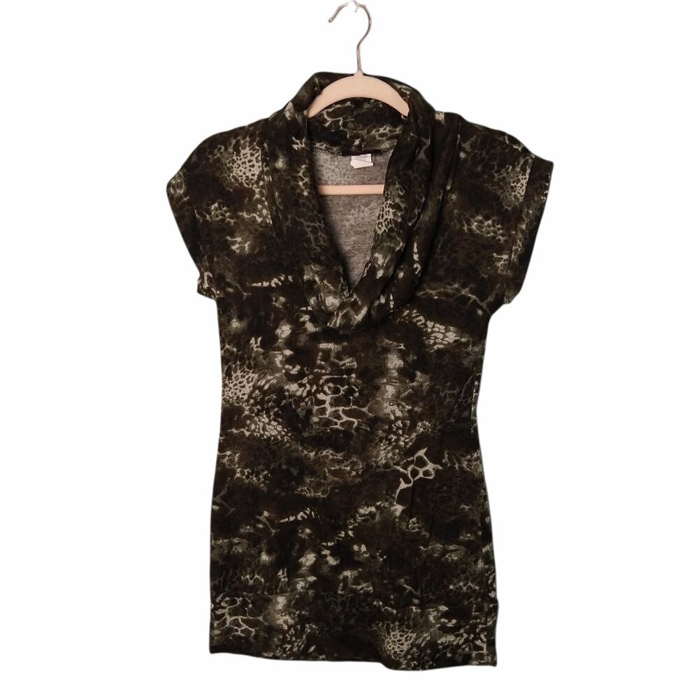 ULTRA FLIRT Womens L Brown Gray White Tunic Top Blouse Short Sleeve Cowl Neck